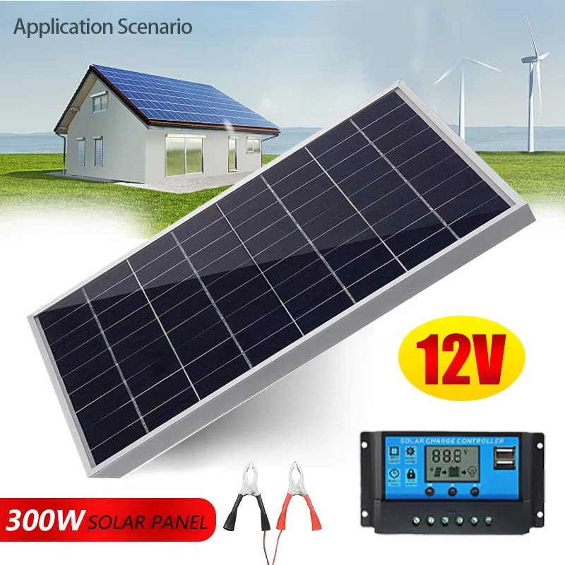 300W 12V Complete Polycrystalline Solar Panel Kit with USB Power for Portable Outdoor Use and Home Rechargeable Solar Generator