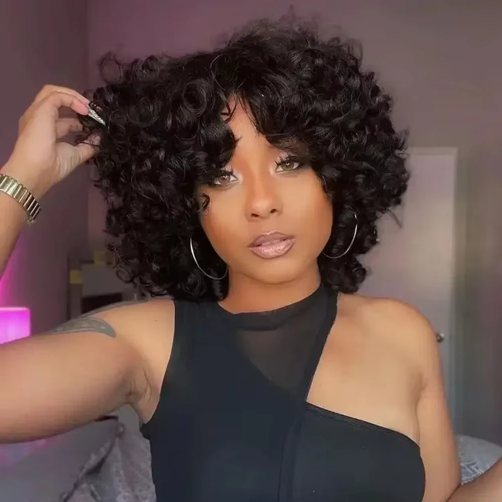 Fluffy Bouncy Curly Human Hair Wigs with Bangs Perruques Cheveux Humains 180% Density Funmi Curls Short Bob Wig for Black Women