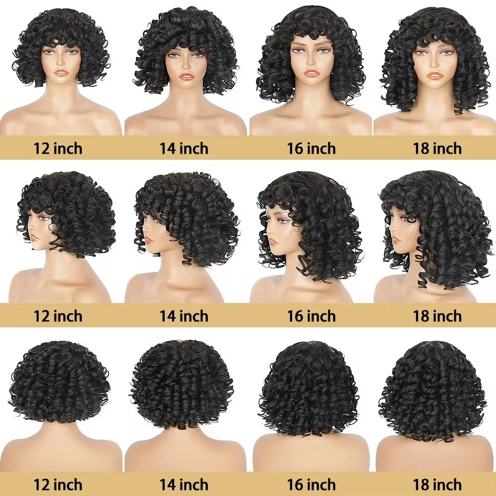 Fluffy Bouncy Curly Human Hair Wigs with Bangs Perruques Cheveux Humains 180% Density Funmi Curls Short Bob Wig for Black Women