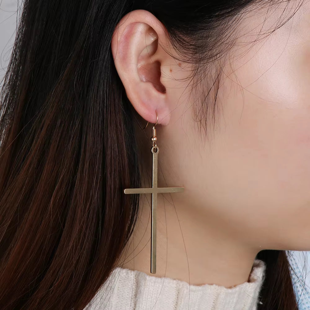 Ethnic Big Cross Long Earrings for Women Gold Color Drop Earrings Jewelry Dropshipping Bijoux Ethnique Femmes Punk Cross Earring