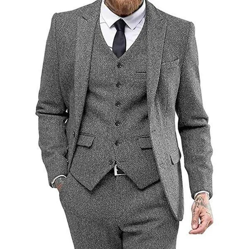 3 Piece Men'S Suits Single Breasted Slim Fit Herringbone Tweed Lapel Wedding Suits