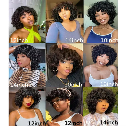 Fluffy Bouncy Curly Human Hair Wigs with Bangs Perruques Cheveux Humains 180% Density Funmi Curls Short Bob Wig for Black Women