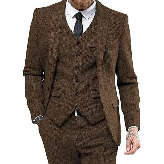 3 Piece Men'S Suits Single Breasted Slim Fit Herringbone Tweed Lapel Wedding Suits