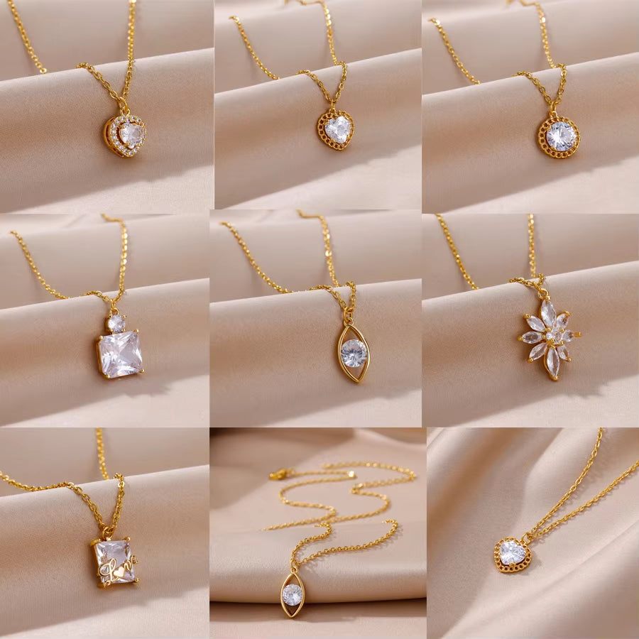 Luxury Heart Zircon Necklace for Women Stainless Steel Romantic Couple Pendant Necklaces Party Accessories Jewelry Bijoux Femmes