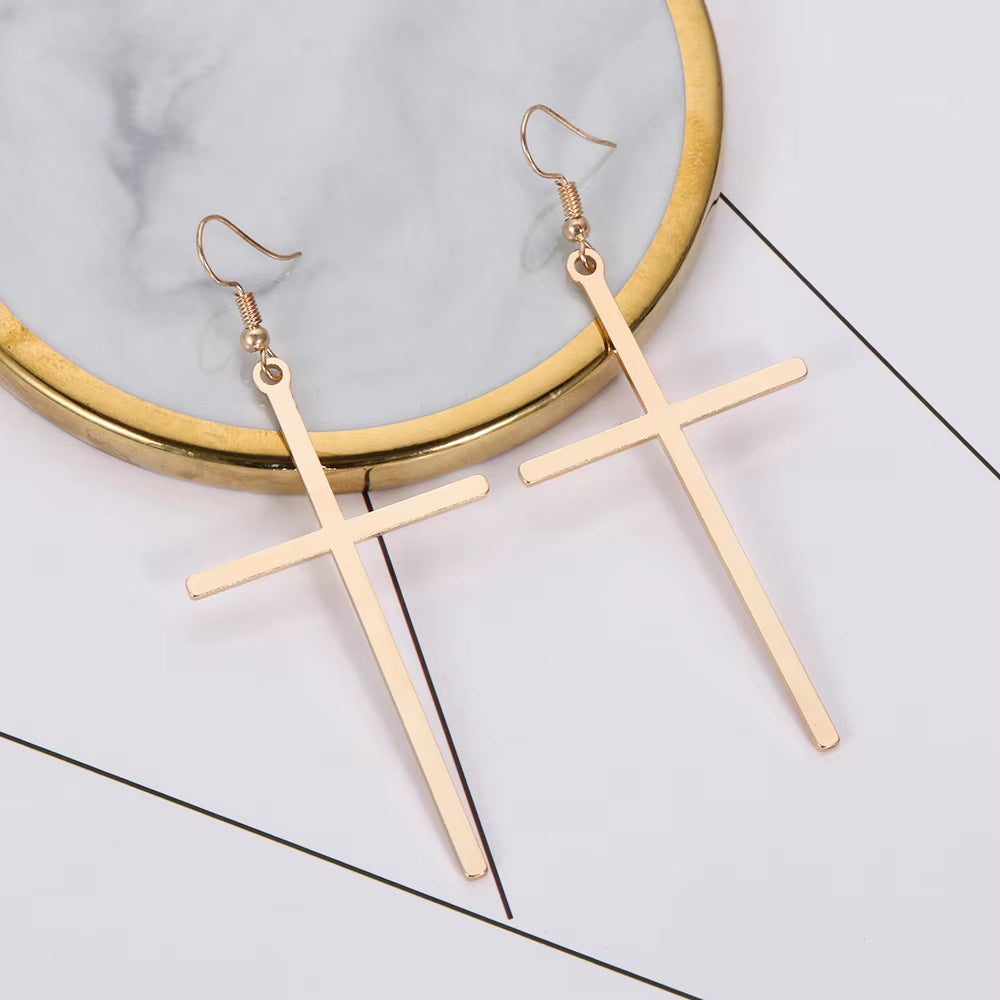 Ethnic Big Cross Long Earrings for Women Gold Color Drop Earrings Jewelry Dropshipping Bijoux Ethnique Femmes Punk Cross Earring