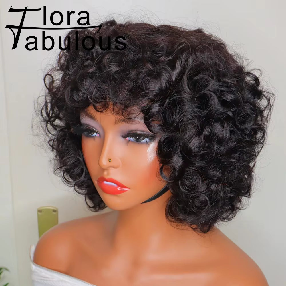 Fluffy Bouncy Curly Human Hair Wigs with Bangs Perruques Cheveux Humains 180% Density Funmi Curls Short Bob Wig for Black Women