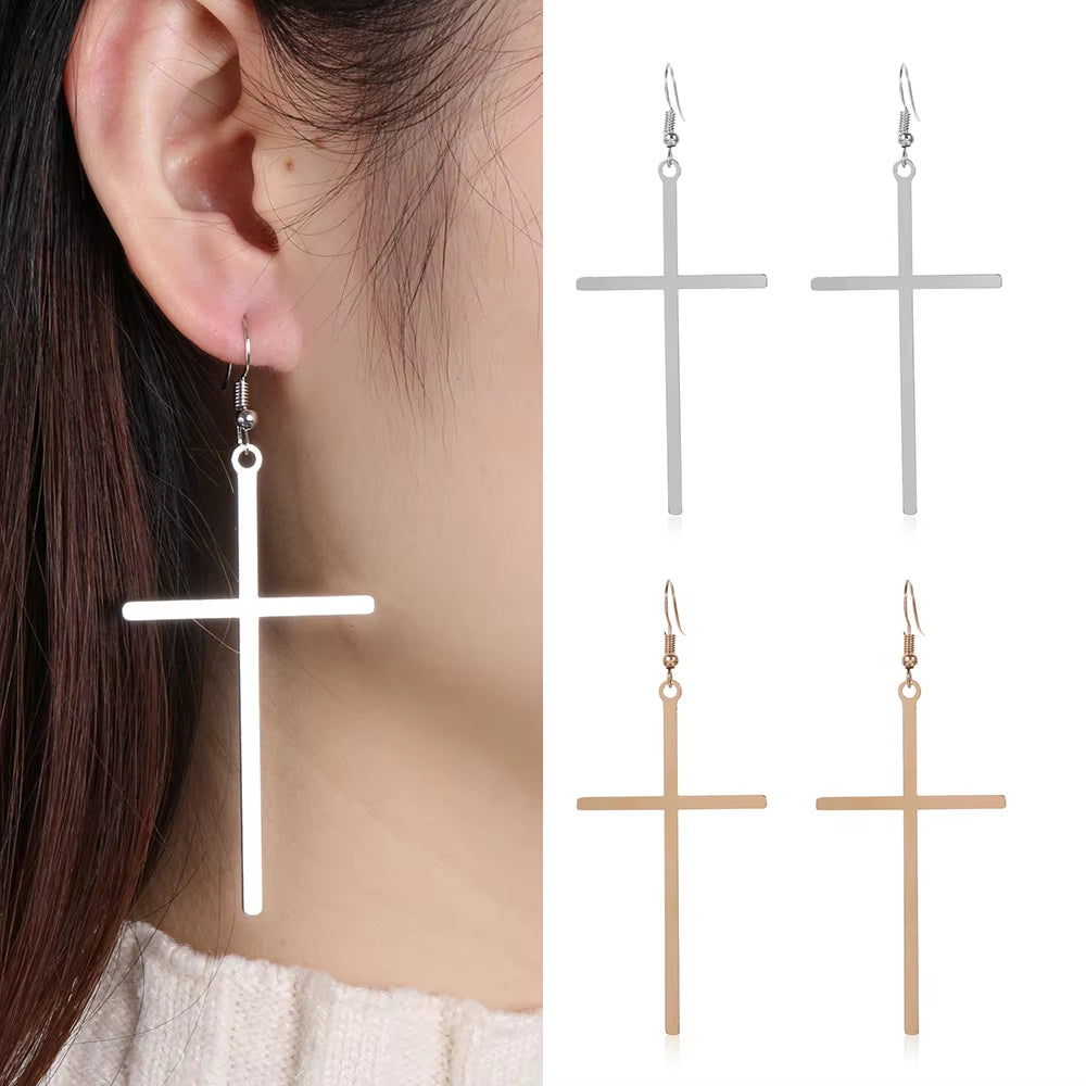 Ethnic Big Cross Long Earrings for Women Gold Color Drop Earrings Jewelry Dropshipping Bijoux Ethnique Femmes Punk Cross Earring