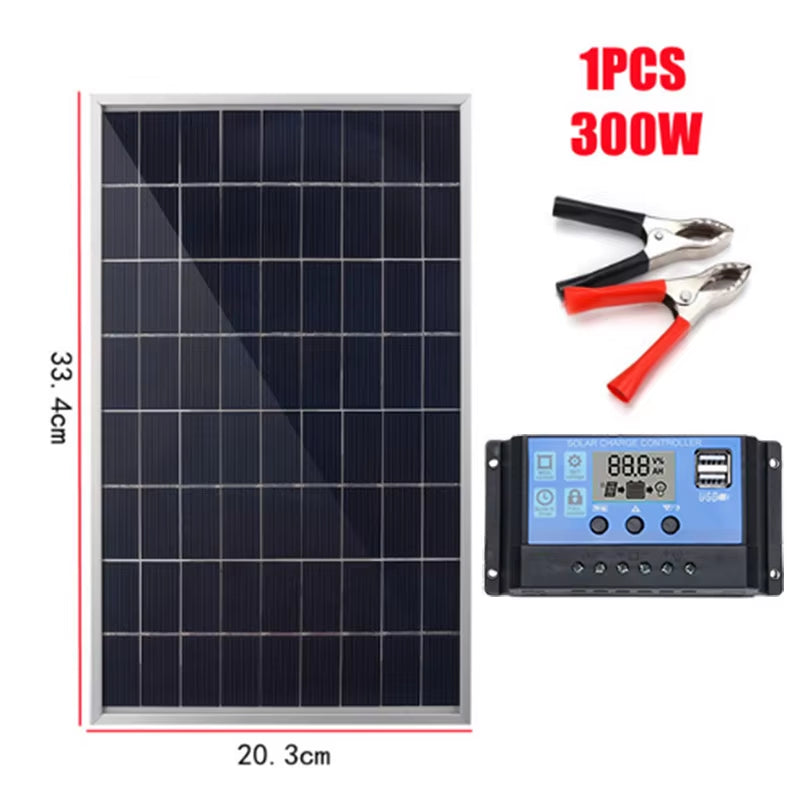 300W 12V Complete Polycrystalline Solar Panel Kit with USB Power for Portable Outdoor Use and Home Rechargeable Solar Generator