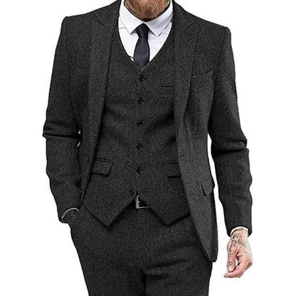 3 Piece Men'S Suits Single Breasted Slim Fit Herringbone Tweed Lapel Wedding Suits