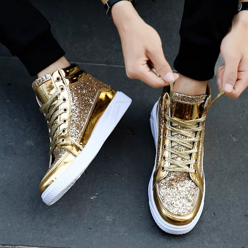 2020 Fashion Men High Top Sneakers Male Ankle Boots Gold Luxury Glitter Shoes Streetwear Hip Hop Casual Boots Chaussures Homme