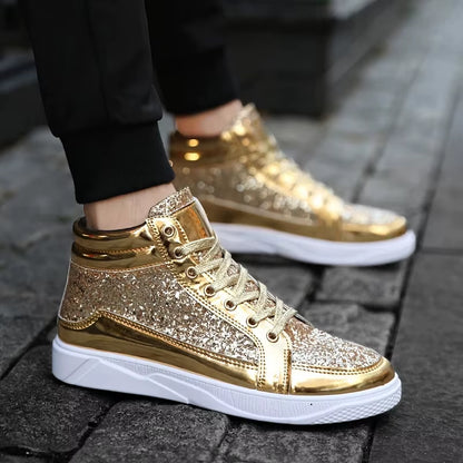 2020 Fashion Men High Top Sneakers Male Ankle Boots Gold Luxury Glitter Shoes Streetwear Hip Hop Casual Boots Chaussures Homme